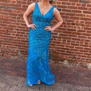 Colette prom homecoming formal long dress in blue sequins size 8